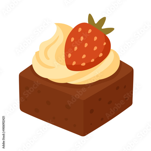 Cute cartoon brownie with whipped cream and strawberry on top. Sweet dessert in flat style.