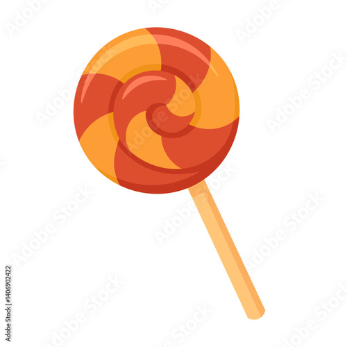 Cute cartoon swirl lollipop in orange and red colors. Sweet dessert in flat vector style.