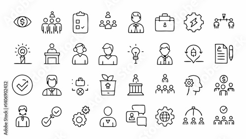 Business management and administrative concepts illustrated through clean outline icons depicting leadership planning meetings analysis and strategic team collaboration
