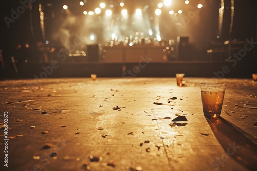 A single plastic cup sits on a concert stage floor littered with debris after a show.