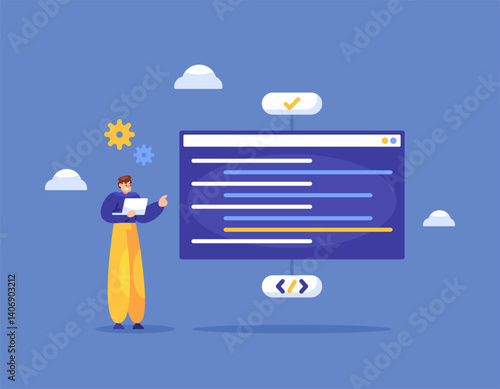 programmer concept. full stack developer. application or software developer. programming technology and framework. programming. illustration of a man creating a programming script. flat style design