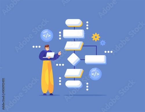 programmer concept. full stack developer. programming technology and framework. program creation. illustration of a man making a programming flowchart. flat style design. elements