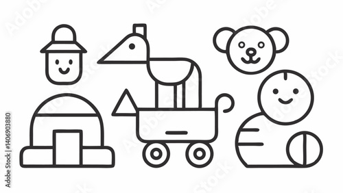 Minimalist line icon set for children's toys featuring puzzle blocks games and educational items ideal for baby product branding and child development content creation