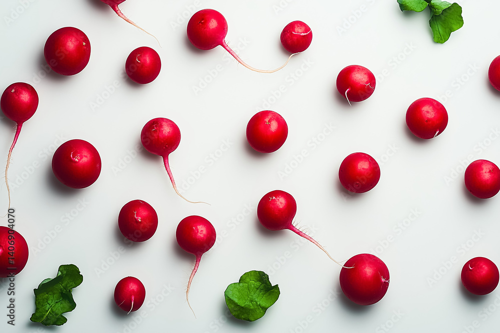 A loose fresh radishes, naturally arranged on a crisp white background A loose fresh radishes, naturally arranged on a crisp white background