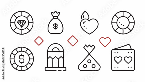Gambling and Casino Themed Icons in a Clean Outline Format Ideal for Digital Casino Games Entertainment Marketing and Betting App Design Projects