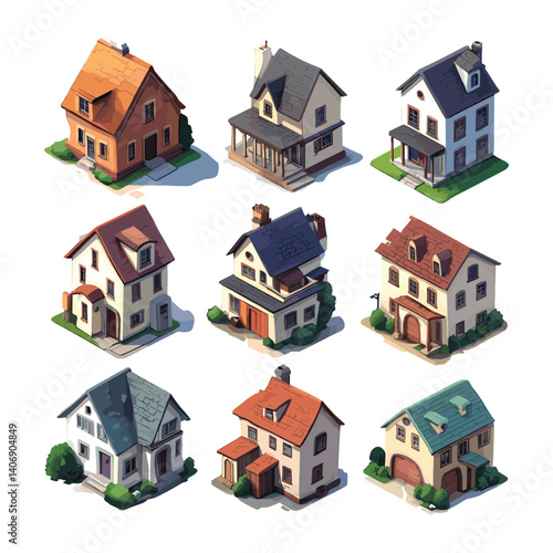 Isometric Suburban House Collection Illustration