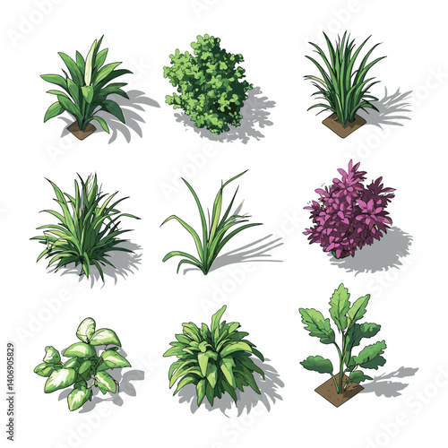 Isometric Garden Bushes and Plants Illustration