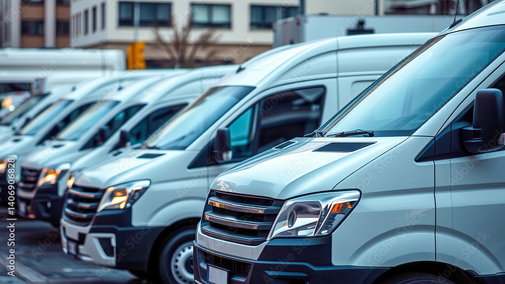 Obraz premium A row of white commercial vans parked in the city. City logistics, delivery and transportation of goods. Vehicle fleet for courier and service business.