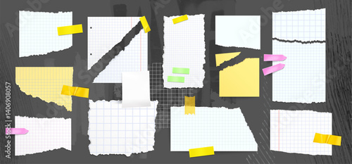 Ripped paper sheet fragments with checkered grid pattern on dark background - white torn notebook page pieces with colorful sticky notes. Realistic scrapbooking set, shredded scraps with ragged edges
