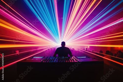 Silhouetted DJ at console, vibrant laser lights illuminate a crowded dance party.