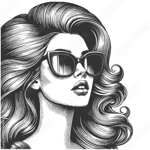 fashionable woman with voluminous hair wearing stylish sunglasses, exuding confidence and glamour sketch engraving generative ai vector illustration. Scratch board imitation. Black and white image.