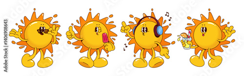 Retro sun mascots set isolated on white background. Vector cartoon illustration of groovy yellow characters wearing sunglasses, eating ice cream, listening music, drinking cocktail, cute y2k emoji