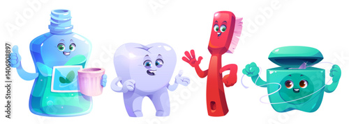 Cute cartoon characters of kids dental hygiene - smiling tooth, toothbrush, paste and mouthwash. Cheerful mascots encouraging children to brush teeth, use floss, rinse mouth. Oral health design.