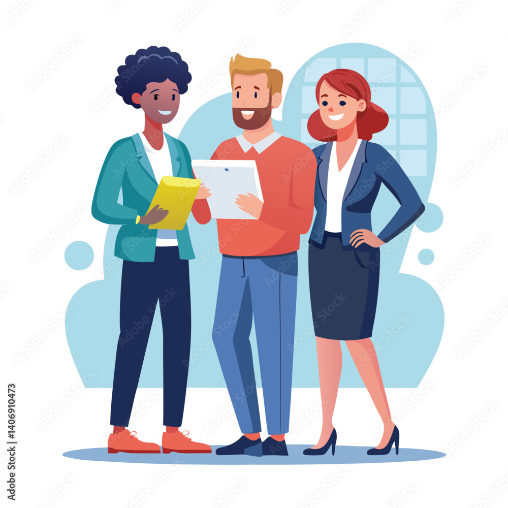 Obraz premium three-diverse-business-partners-standing-and-discus vector image on white background