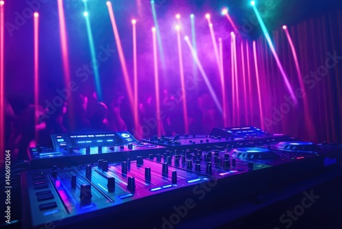 Wallpaper Mural DJ setup at a vibrant concert with colorful stage lighting and a blurred crowd in the background. Torontodigital.ca