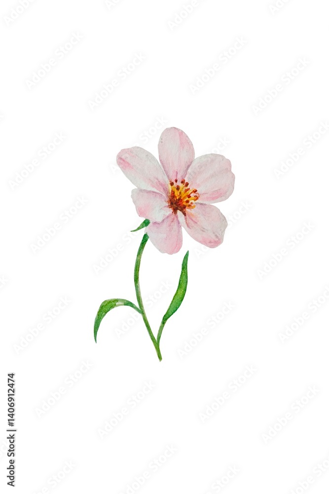 Fototapeta premium Watercolor illustration of isolated pink flower with thin green stem and leaves on a white background. Great for spring design and decor, cards, prints, cover, painting.