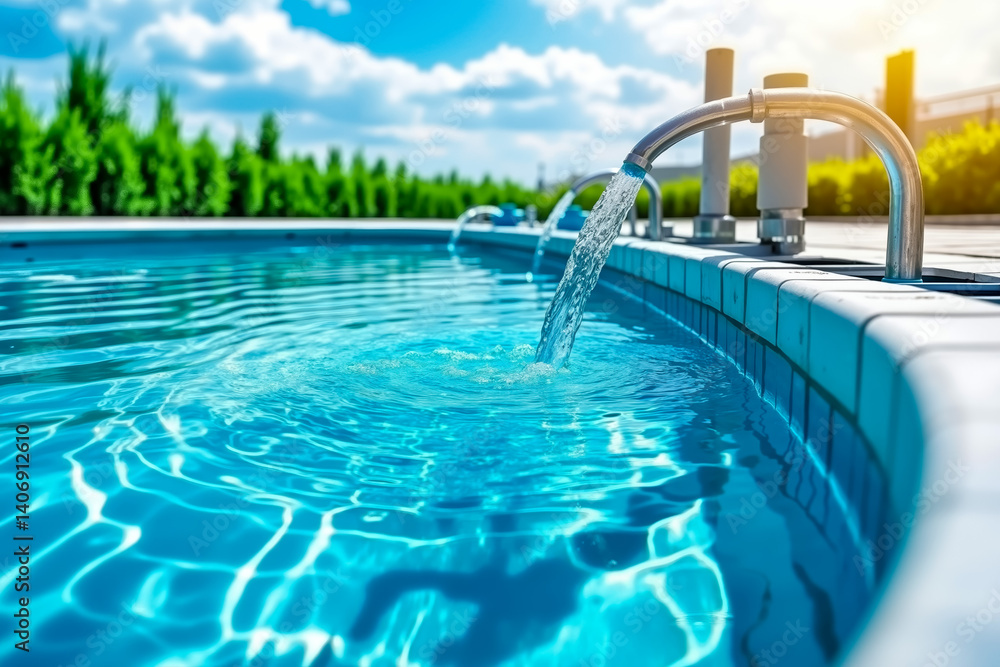 A swimming pool with water coming out of the faucet A swimming pool with water coming out of the faucet