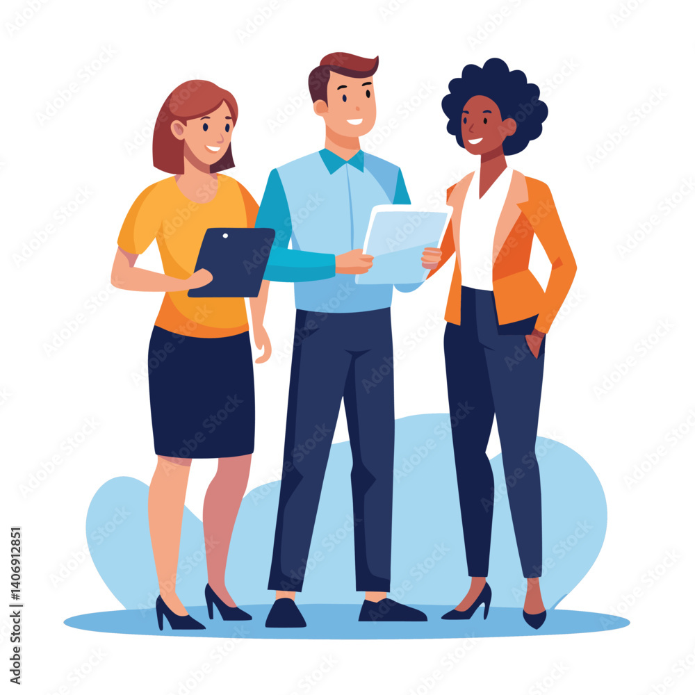 Obraz premium three-diverse-business-partners-standing-and-discus vector image on white background