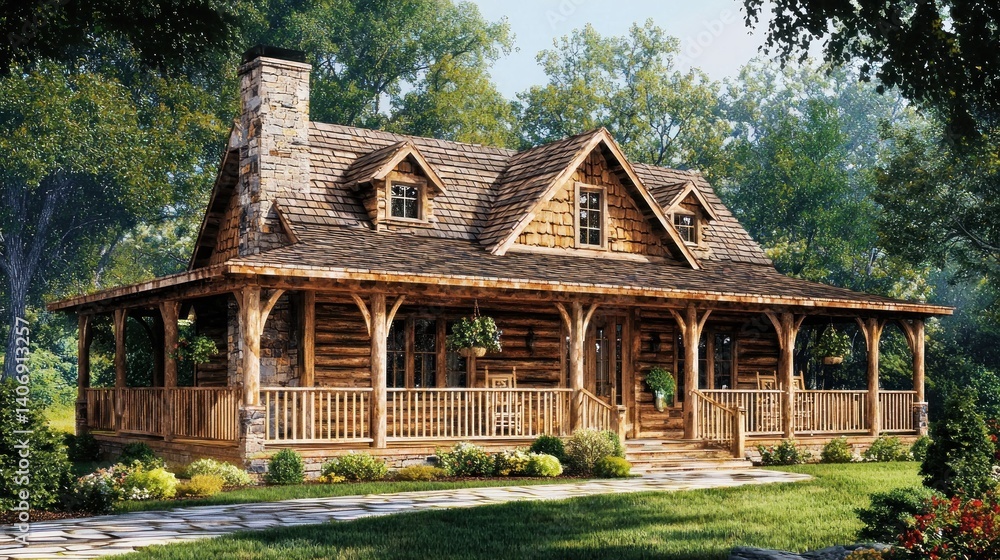Obraz premium Rustic log cabin home nestled in the woods. Features a covered porch, stone fireplace, and a charming exterior