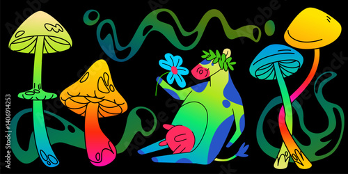 Psychedelic mushrooms and cow isolated on black background. Vector cartoon illustration of groovy acid color fungi, funny cow smelling flower, trippy smoke clouds, retro design elements for poster