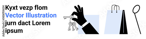 Hand holding keys, shopping bag, and magnifying glass grouped to portray access, retail, or investigation concepts. Ideal for security, online shopping, analysis, business commerce marketing