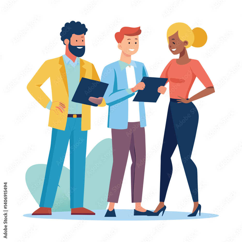 Obraz premium three-diverse-business-partners-standing-and-discus vector image on white background