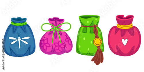 Lucky colorful stylized pouches set - blue drawstring bag, pink sack tied ribbon bow, bright green pouch with pendant golden talisman, red purse. Cartoon oriental traditional holiday accessory.