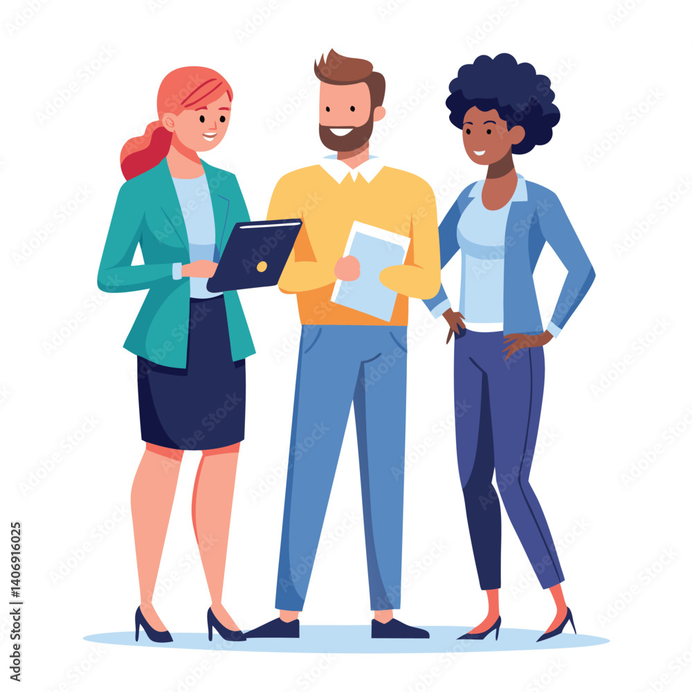 Obraz premium three-diverse-business-partners-standing-and-discus vector image on white background