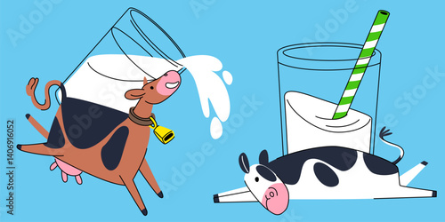 Funny cartoon cow mascots jumping and lying near big glasses of milk with straw and splash - spotted dairy bovine. Humorous farm animal characters enjoying nutritious beverage vector illustration.