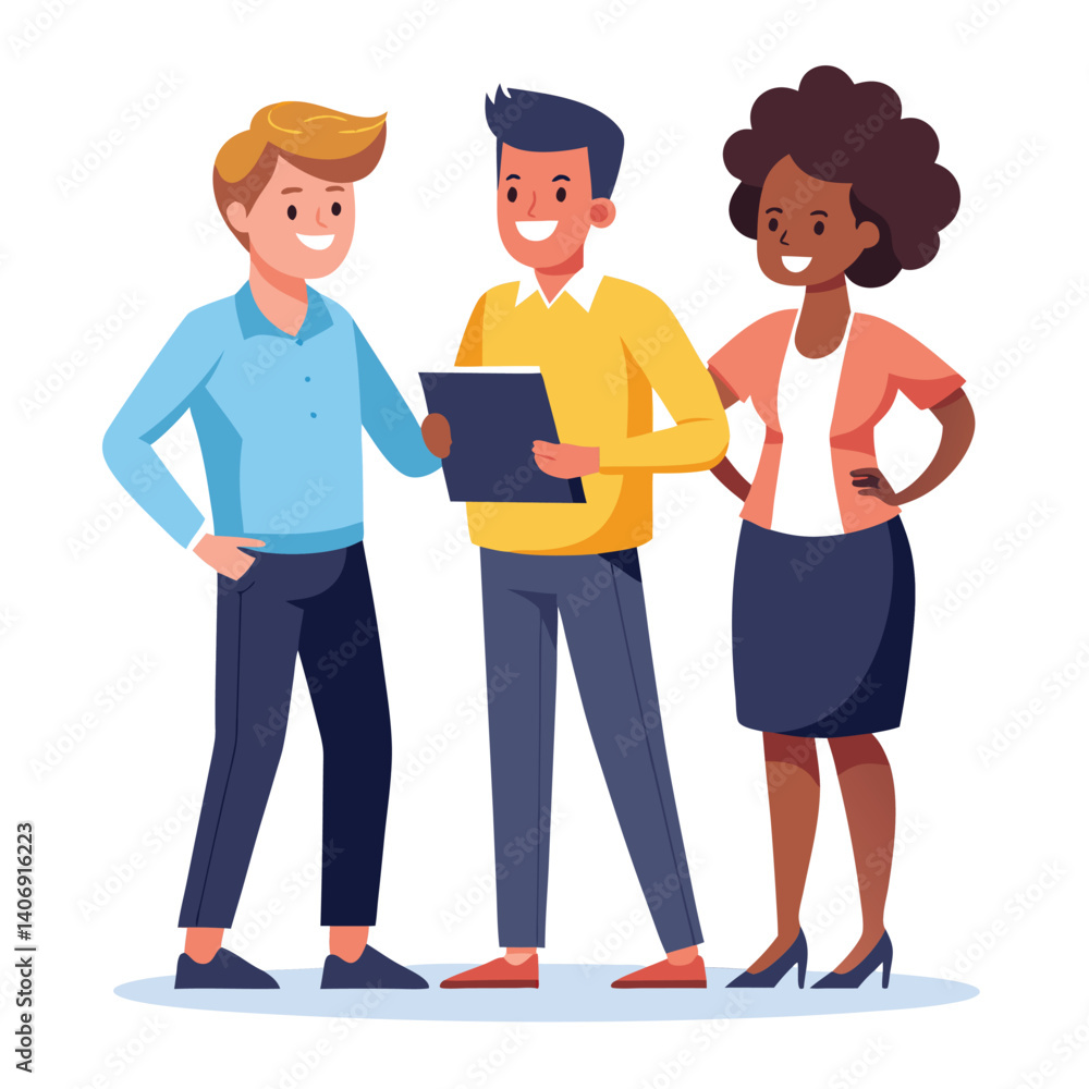 Fototapeta premium three-diverse-business-partners-standing-and-discus vector image on white background