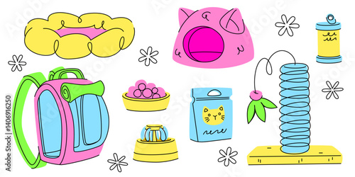 Petshop goods set illustration - pet carrier backpack, cat house and dog bed, l toy and food bowl, canned meals and fountain drinker. Domestic animal supplies and vet care equipment collection.