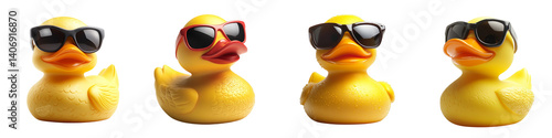 Four yellow rubber ducks wearing stylish sunglasses on transparent background