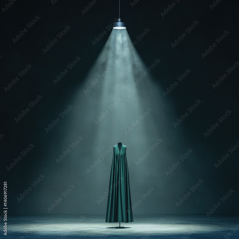 Dark teal satin gown on mannequin, overhead light and foggy ambiance, mysterious elegance