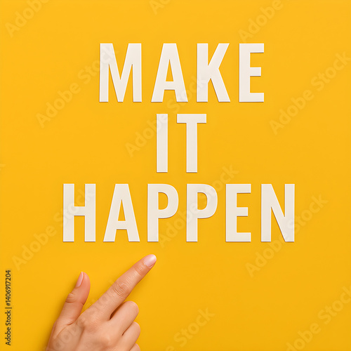 Woman pointing finger at make it happen message on yellow background, business concept
