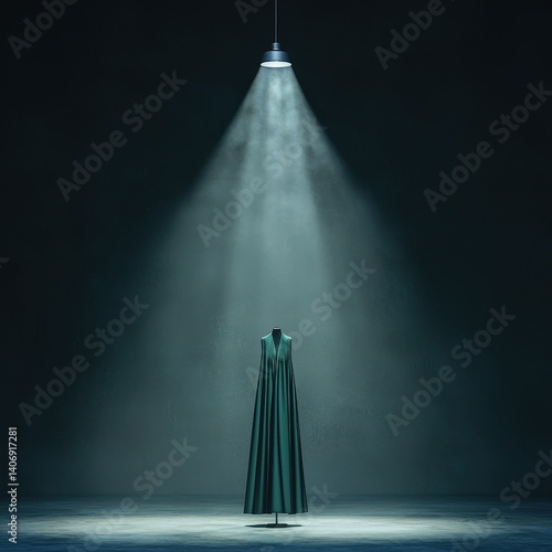 Obraz na płótnie Dark teal satin gown on mannequin, overhead light and foggy ambiance, mysterious elegance w salonie