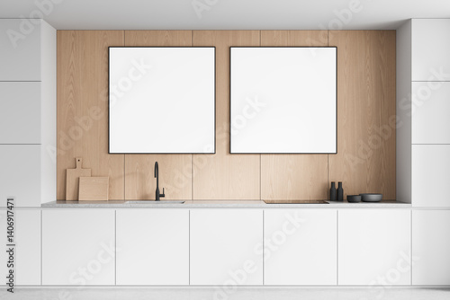 Modern kitchen interior with two blank poster mockups on wooden wall above minimalist white cabinets and countertop design concept display template layout. 3D Rendering