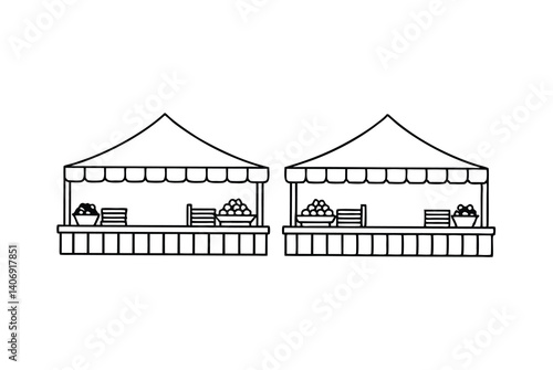 Outline Illustration Of Two Market Stalls With Tents And Food Displayed