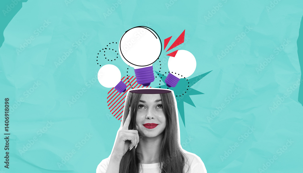 © ImageFlow - Woman with open head and creative idea lightbulbs on turquoise b