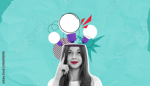 Woman with open head and creative idea lightbulbs on turquoise b