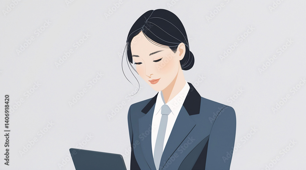 Flat design businesswoman in light bluish gray suit with low ponytail and neat bun ideal for social media and online content marketing premium character illustration Flat design businesswoman in light bluish gray suit with low ponytail and neat bun ideal for social media and online content marketing premium character illustration