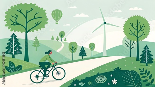 Green energy reduce carbon emissions and makes earth cleaner and more ecological, minimal vector poster with one happy person biking on a clean road