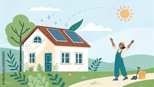 Green energy reduce carbon emissions and makes earth cleaner and more ecological, simple vector poster showing a house with solar panels and one person waving happily