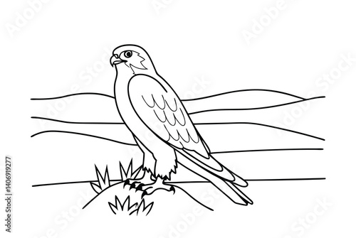 Black And White Line Art Illustration Of A Peregrine Falcon Landscape