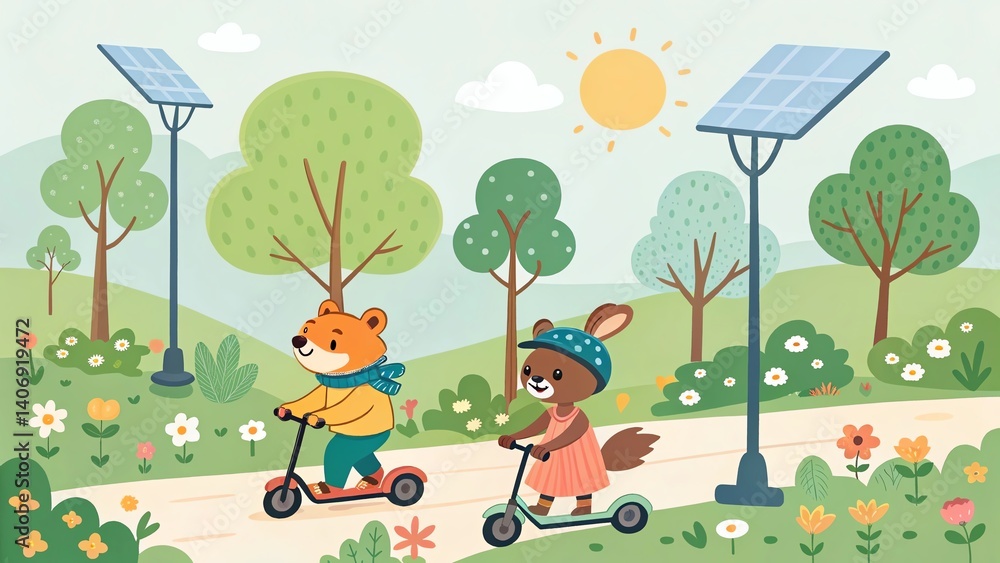 Fototapeta premium Green energy reduce carbon emissions and makes earth cleaner and more ecological, vector of happy cartoon animals riding electric scooters and bikes in a green park with solar-powered streetlights