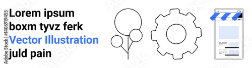 Gear icon, balloons, and a smartphone screen with storefront banner and text. Ideal for technology, celebration, e-commerce, applications, creativity, tutorials simple landing page