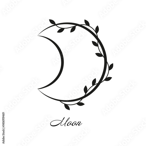 Moon astrological and astronomy sign with black branches and leaves. Vector symbol with botanical decoration on white background