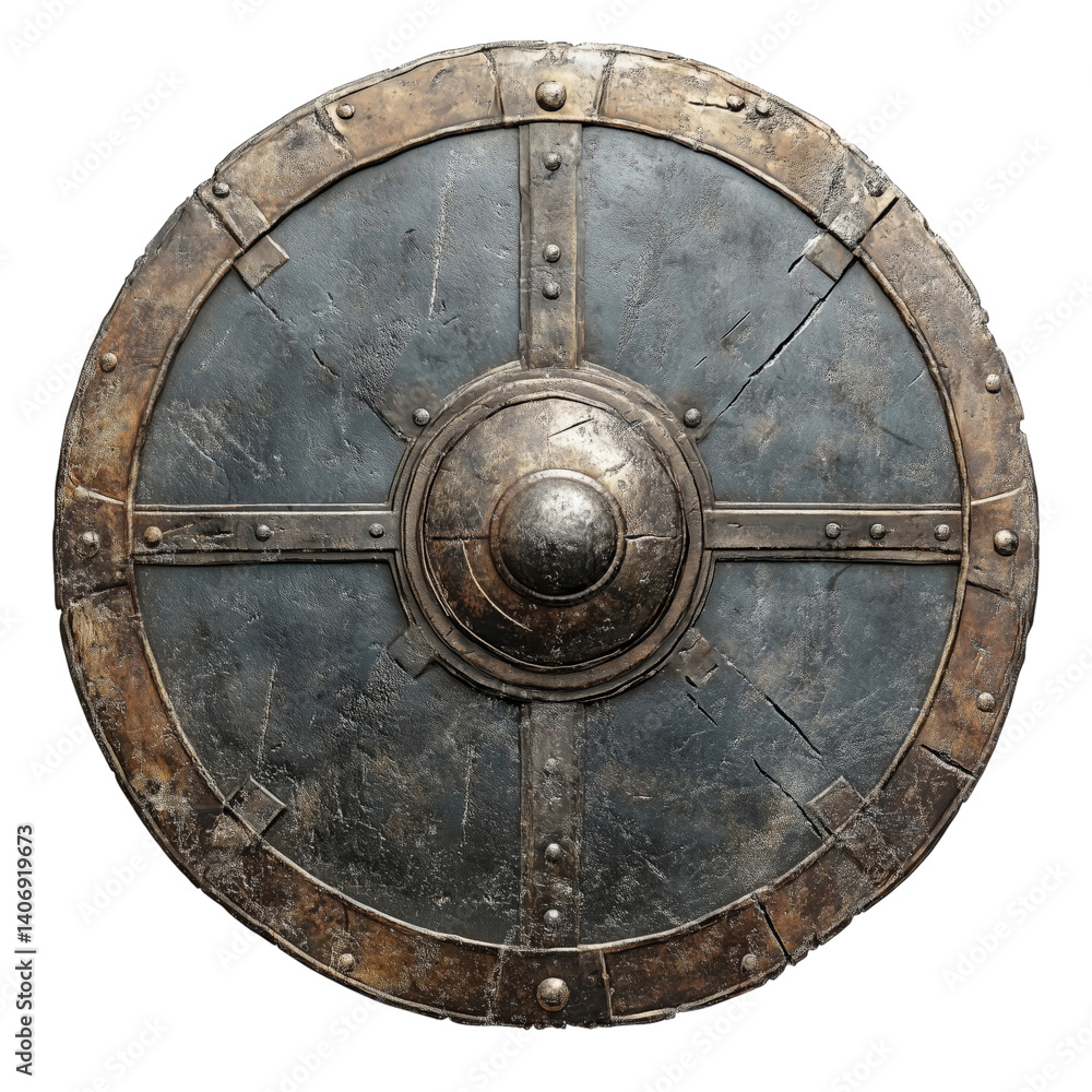 Fototapeta premium Aged round metal shield with central boss, riveted frame, and battle-worn patina, ideal for medieval or fantasy scenes.