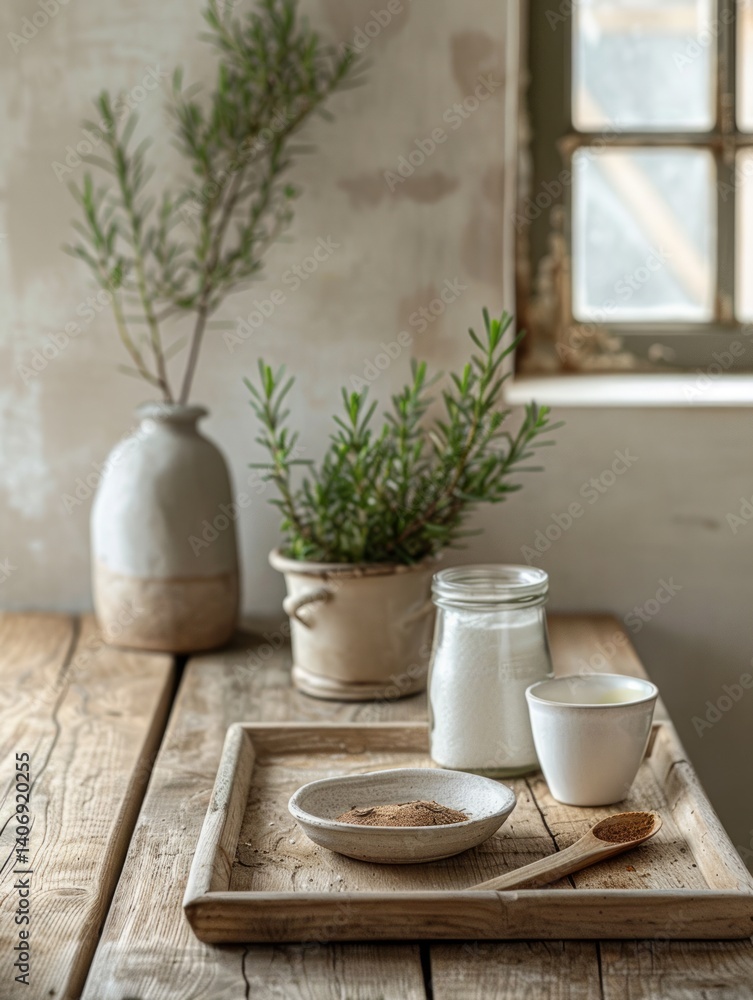A small wooden spoon rests on the tray, complementing the natural tones of the setup. A small wooden spoon rests on the tray, complementing the natural tones of the setup.