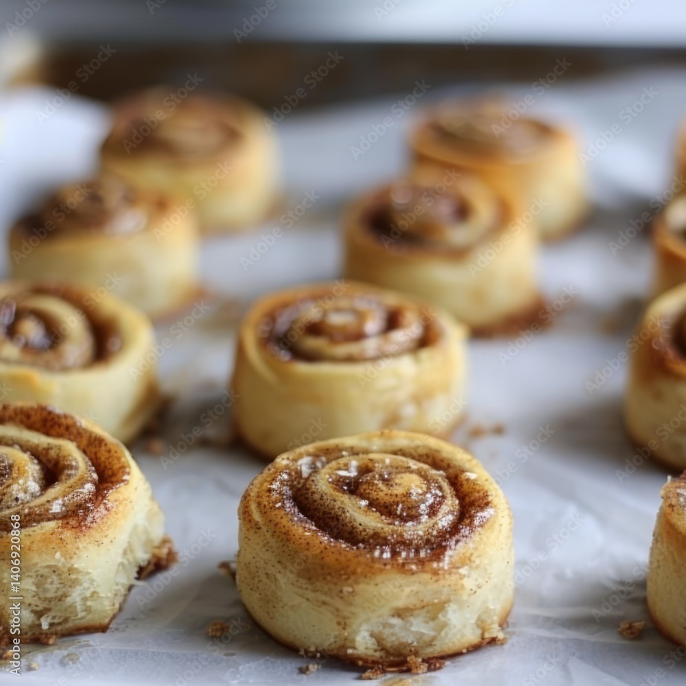 The spiral shape of the rolls is well-defined, with visible layers of golden dough and darker cinnamon filling swirled within. The spiral shape of the rolls is well-defined, with visible layers of golden dough and darker cinnamon filling swirled within.