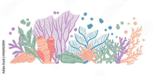 Underwater sea plants. Marine flora. Tropical water alga, seaweed, leaf grass coral shell. Exotic organic natural decoration for aquarium. Flat vector illustration isolated on white background.